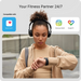 Woman wearing headphones and using Hume Health app with graphics of app integrations