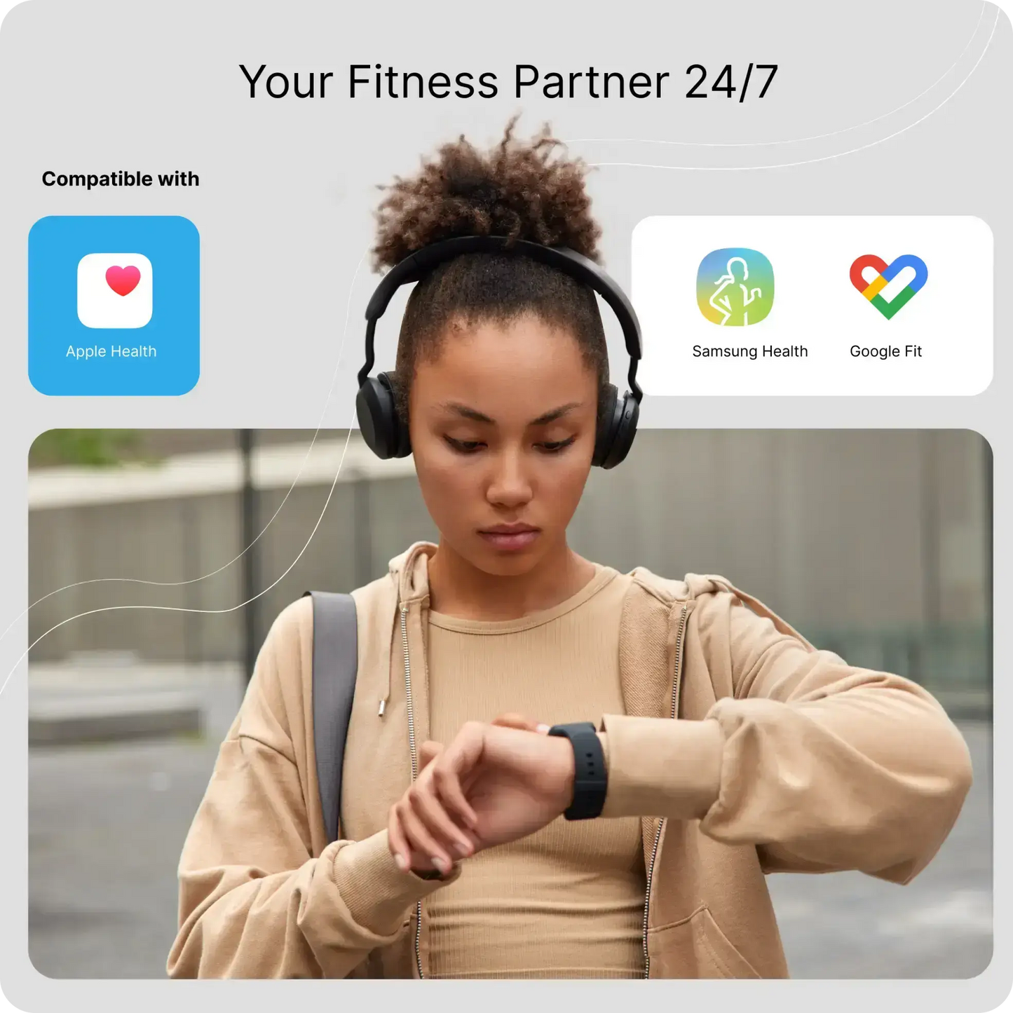 Woman wearing headphones and using Hume Health app with graphics of app integrations