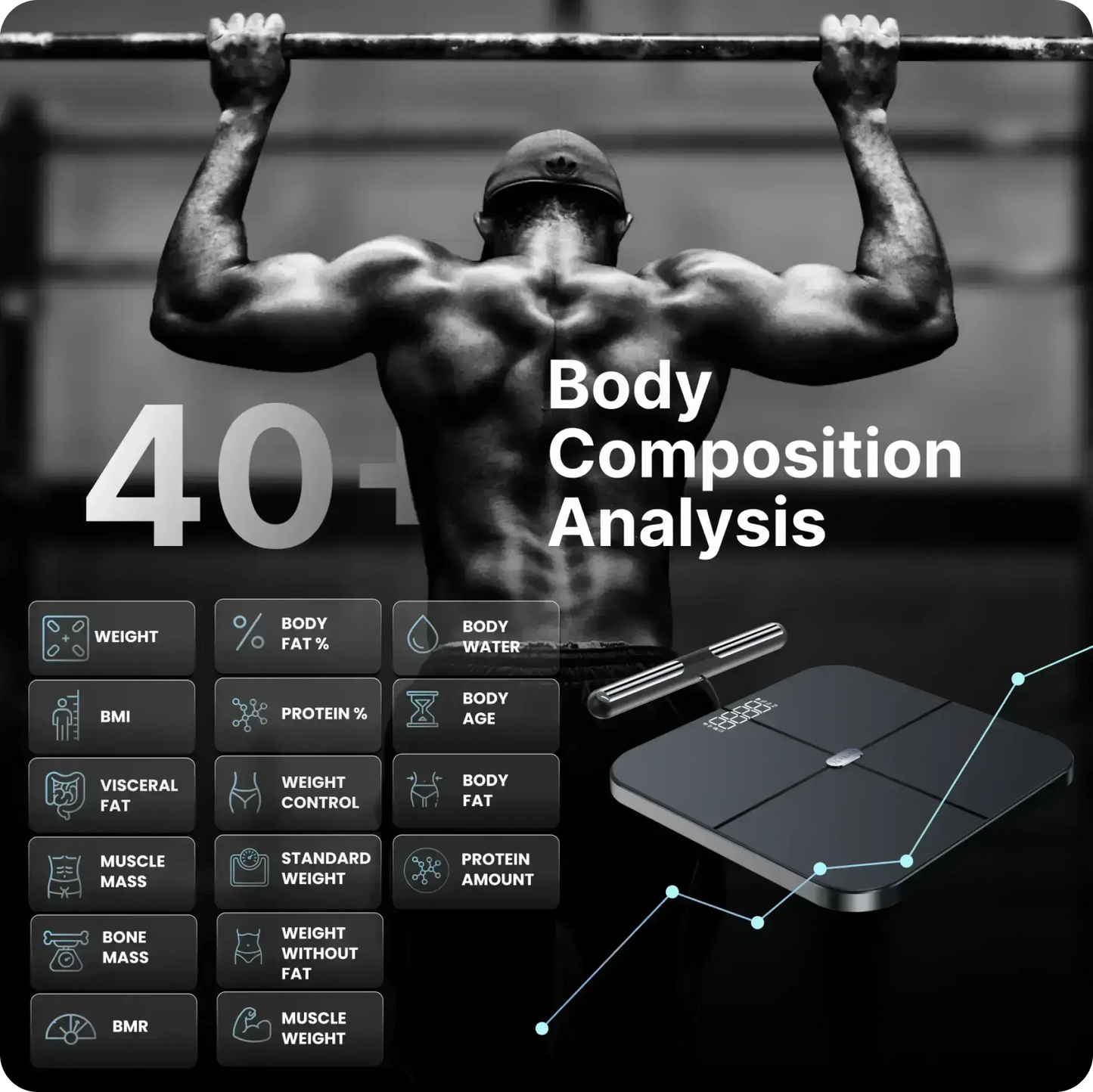 Man doing pull ups with Hume Body Pod body composition metrics graphics